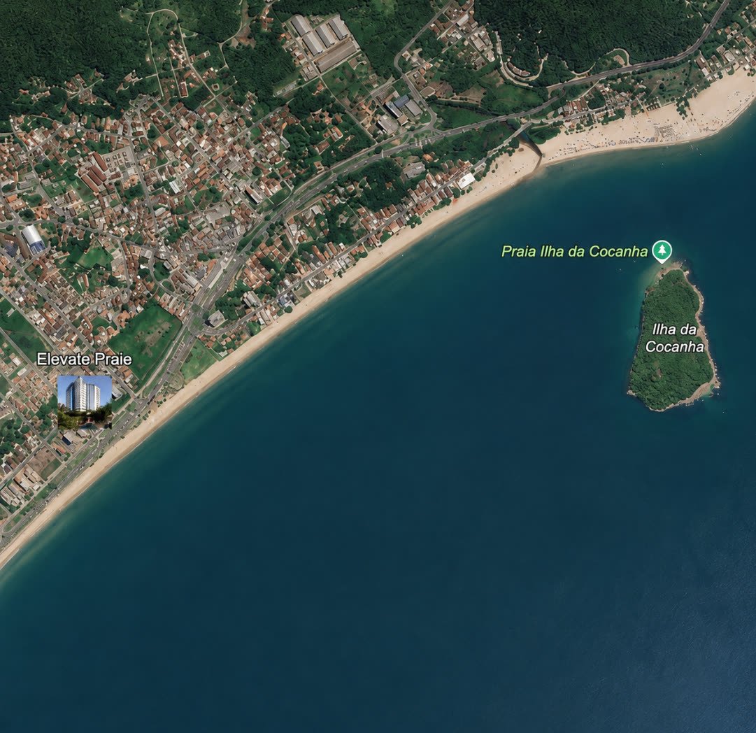 Mapa de satélite mostrando a localização do Praie Elevate na Praia Massaguaçu, Caraguatatuba